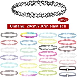 KUIZHEN Elastic Necklace, 26 Pieces Choker Necklace, Tattoo Chain, Elastic Stretchy Tattoo Choker, Stretch Choker Chain Set, Fashion Jewellery for Women, Colourful Tattoo Necklace, Plastic
