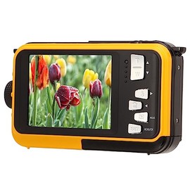 Cámara Digital a Prueba de Agua, FHD 2.7K Video 48MP Imagen 16x Zoom 10ft Cámara Subacuática, Grabadora de Video Selfie Pantallas Duales, Cámara Impermeable para Esnórquel (Amarillo)