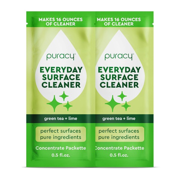 Puracy Everyday Surface Cleaner Concentrate Packettes, Makes 32 Ounces of Streak-Free Natural Household Multi-Surface Cleaner, Plastic-Free, Nontoxic, Green Tea & Lime, 2-Pack (Makes 32 fl oz)