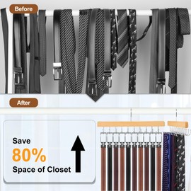TOPIA HANGER 2 in 1 Belt Tie Hanger for Closet Max 30 Belts with 30 Ties Capacity, 20 Hooks Belt Tie Racks Wooden Hanger for Closet Organizer Storage Space Saving “U” Fit Belt and “一” Fit Tie - CT47N