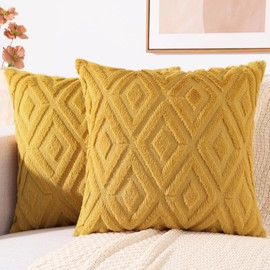 decorUhome Couch Throw Pillow Covers 18x18 Set of 2, Decorative Soft Plush Faux Wool Pillow Covers for Bed Sofa Living Room, Mustard Yellow