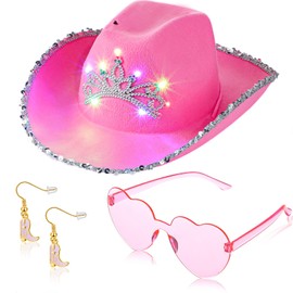 Geyoga 3 Pieces Western Cowgirls Hat, Heart Shape Glasses, Boots Earrings, Cowgirl Hats Cowboy Hats for Party (Pink, LED Style)