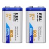 EBL 2Pcs EBL 9V 600mAh 6F22 Li-ion Rechargeable Batteries 9Volt