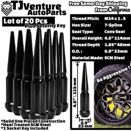 TJ 20Pc Black 4.5" Spline 14x1.5 Spike Lug Nut+Key Fit Chevy Camaro Corvette &More