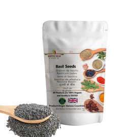 Basil Seeds (Tulsi, Tukmaria, Sabja, Subja, Subza, Sabza, Tukhmalanga) by Spices&herbsuk - Tukmaria Seeds High in Calcium, Magnesium & Iron - Perfect for Milkshake, Falooda, Faluda & Sherbet - 100g