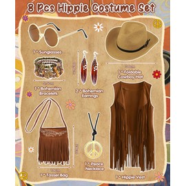 TOSZOLY Hippie Kostüm Damen, 60er 70er Jahre Fransenweste Boho Weste Braun mit Accessoires, 70er jahre Outfit für Karneval Fasching Disco Party