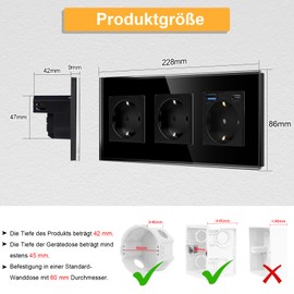 CNBINGO Triple Socket with 2 x USB Ports (20 W Quick Charging), 1 x (Type C and USB-A), Triple Glass Schuko Socket, Flush-Mounted, Black Wall Socket with Child Lock