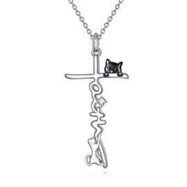 POPLYKE Black Cat Faith Cross Necklace for Women Sterling Silver Cat Lover Jesus Religious Jewelry Gifts for Women Mom Wife