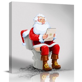 Christmas Canvas Wall Art Funny Santa Claus Sitting on Toilet,Oil Painting Prints Artworks Picture Stretched and Framed,Watercolor Red Clothe Xmas Wall Decor for Living Room/Bedroom/Kitchen/Bathroom
