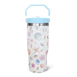 30oz Rainbow Seashells Flip Tumbler with Lid and Straw, Vacuum Insulated Coffee Travel Mug, Beach Gifts for Women Girls, Ocean Themed Home Decor
