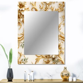 DesignQ Neutral Floral Minimalism I Floral Wall Mirror, Printed White Wall Mirror, Traditional Bathroom Wall Mirror, Decorative Floral Mirror - 30x40 Inches