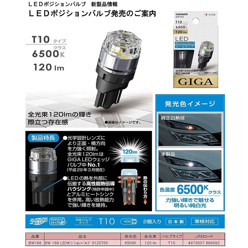 Carmate BW166 LED GIGA T10 6500K 120lm Car Position Lamp,