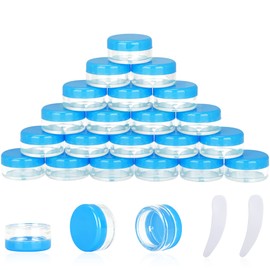 25PCS 3 Gram Sample Containers, 3ml Empty Jars with Lids, Small Cosmetic Containers, Mini Sample Jars with 2PCS Mini Spatulas for Make Up, Oils, Lotion, Powder, Paint, Jewelry, Lip Balms(Blue Lid)