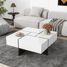 Royard Oaktree Square Coffee Table with 4 Hidden Storage Compartments Modern Center Table with Extendable Sliding Tabletop High-Gloss Wood Accent Table for Living Room Home Office, White
