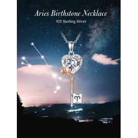 OCJ Aries Necklace for Women 925 Sterling Silver Rose Flower Key Pendant Necklaces with Birthstone Zodiac Jewelry Wife Birthday Gifts for Her