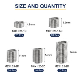 sourcing map 80pcs Wire Thread Insert Kit M8 x 1.25 (1D-3D) Metric 304 Stainless Steel Helical Inserts Coiled Thread Repair Kit Wire Screw Threaded Sleeve Sheath for Mechanical Equipment