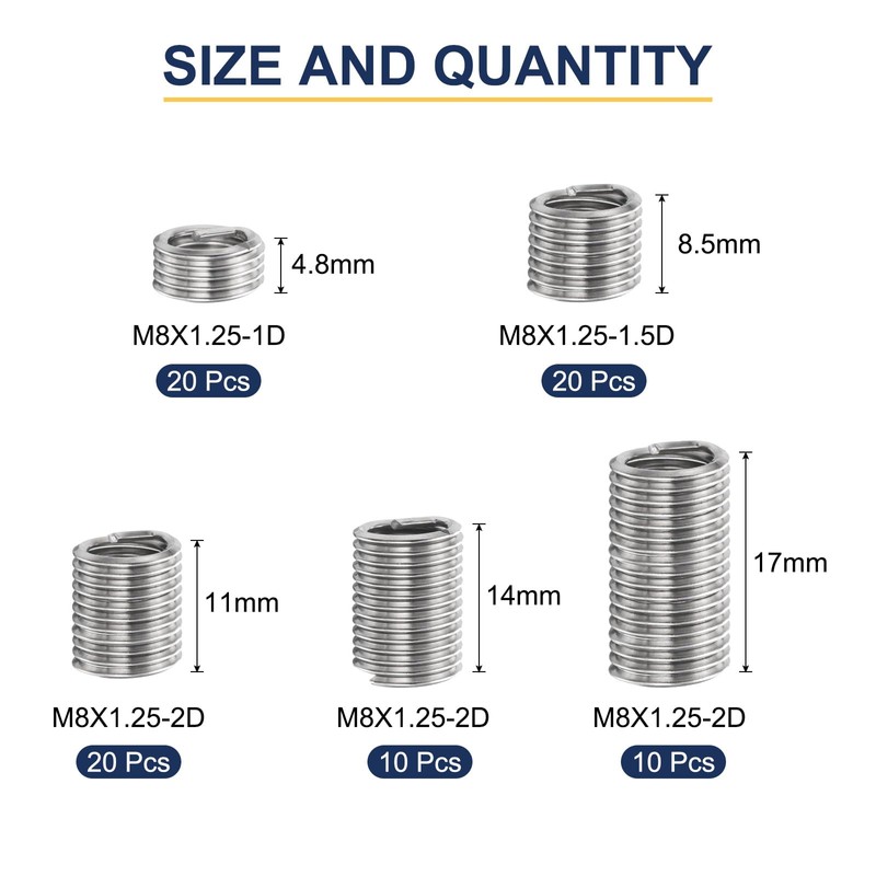 sourcing map 80pcs Wire Thread Insert Kit M8 x 1.25