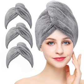 Laicky 3 Pack Microfiber Hair Drying Towel Wrap Super Absorbent Twist Turban Fast Dry Hair Caps with Buttons Bath Loop Fasten Salon Dry Hair Hat (Gray)
