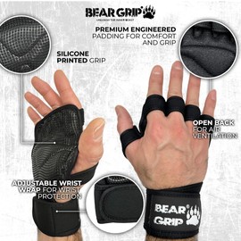 BEAR GRIP - Open Workout Gloves with extra Palm protection for Crossfit, Bodybuilding, callisthenics, Powerlifting (Black, XL)