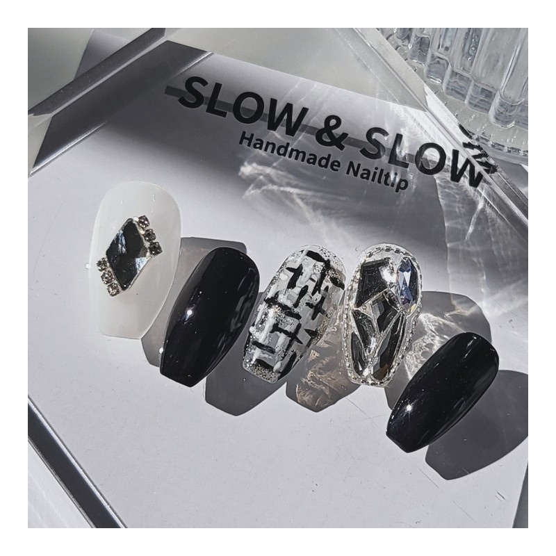 [Sl&Sl Nail Tips] Black Tweed Nails - Square / [슬앤슬네일팁]