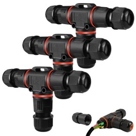 PRITOK 3-Pack IP68 Waterproof Junction Box Outdoor, 3 Way T-Shape Screw Type Cable Connector for Cable Diameter Ø3-12mm, Electrical Cable Protector for Landscape Lights/Billboards (Black)