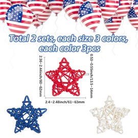 SOFPLATE 18Pcs Independence Day Rattan Stars Bulk Red White Blue Wooden Stars Decor 2.36 Inch Small Wicker Rattan Ball Vase Bowl Filler 4th of July Decorations for Home Wedding Party Veterans Decor