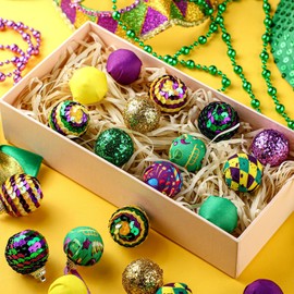 Shappy 24 Pcs Mardi Gras Ball Ornaments Purple Green Yellow Carnival Tree Ornament Decorative Hanging Ornaments Shatterproof Sequin Tree Balls for Party Holiday Masquerade (Elegant Style)