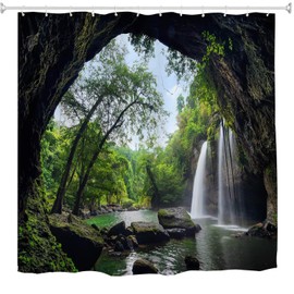 JOOCAR Shower Curtain, Nature Waterfall Summer Cave in Waterfall National Park Thailand Forest Jungle Rocky Scene Landscape Set, Waterproof Cloth Fabric Bathroom Decor Set with Hooks, 72x72 Inch