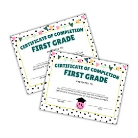 1st First Grade Certificate of Completion Graduation Diploma 30pk 8.5x11” Smiley Face Daisy 90’s Seed Bracelet Checkered Neutral Award Theme Trendy