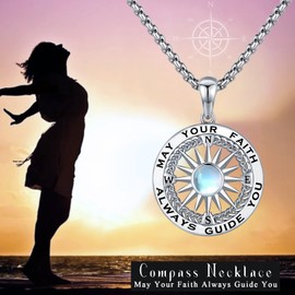 Brisskaari May Your Faith Always Guide You Compass Necklace 925 Sterling Silver Moonstone Nautical Compass Medallion Pendant Dainty Jewelry Gift for Women