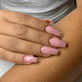 Medium Long Press On Nails Coffin Nails Press Ons Gloss, KQueenest Dark Pink Color Full Cover Long Fake Nails For Women, Thick Gel Square Tip Nails Acrylic False Nails Set, 24 Pcs