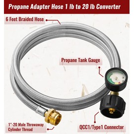 CALPOSE 6 Feet Propane Adapter Hose with Gauge, 1lb to 20lb Adapter Converts 1lb Appliances to 5-40lb Tanks, Stainless Steel Braided Hose for Blackstone Griddle, Weber Q, Coleman Grill, Buddy Heaters
