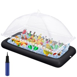 Leitee Inflatable Serving Bar Kit Includes Salad Buffet Tray with Drain Plug Mesh Food Cover Food Drink Containers and Inflator for Ice Supplies Party Camping Summer Picnic (Black,3 Pcs)