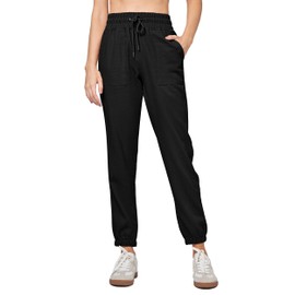 Willit Women Linen Pants Joggers Casual Lightweight Lounge Pants Cotton Linen Travel Beach Summer Pants with Pockets Black L