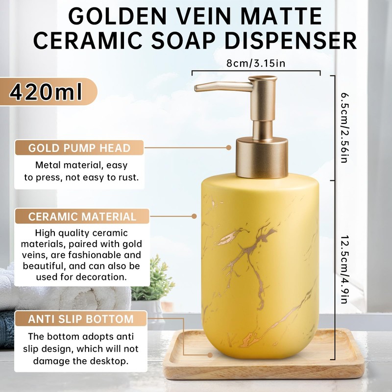 Gold Soap Dispenser Bathroom,Hand Soap Dispenser with Marbling,Soap Dispenser Ceramic