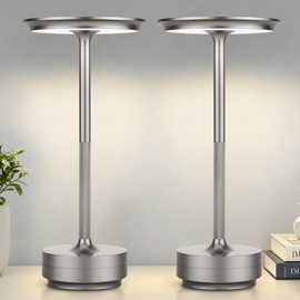 UdoUto 2-Pack Cordless Table Lamps Rechargeable - 5000mAh Battery Operated LED Table Light with Touch Stepless Dimming - Portable Silver Metal Outdoor Lamps for Patio, Restaurant, Dining