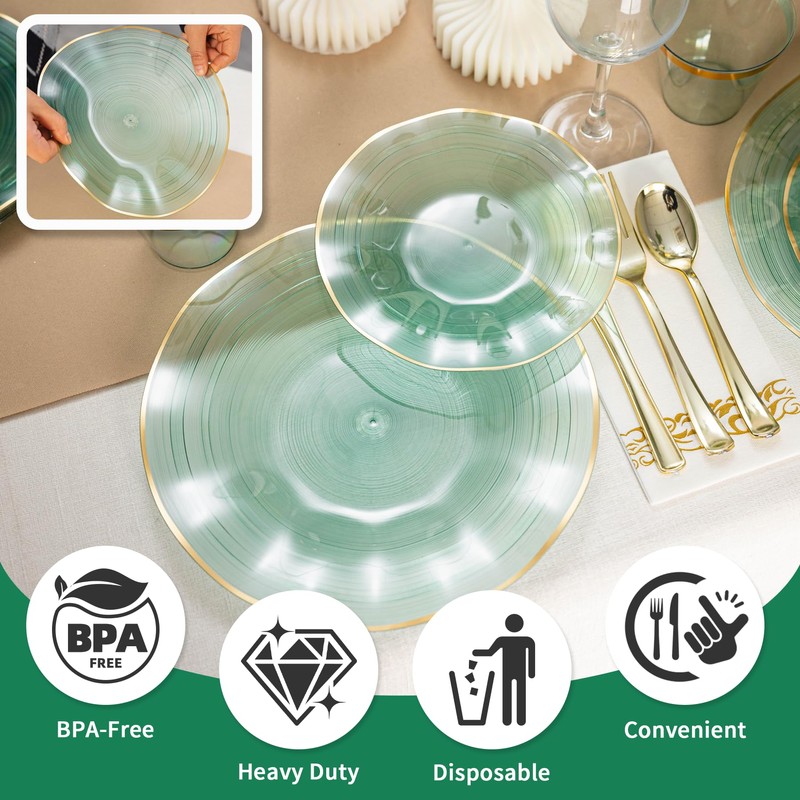 Pryntono 175PCS Green Plastic Plates with Gold Trim, Disposable Party
