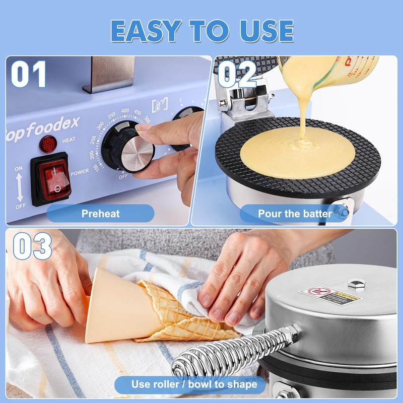 Popfoodex Commercial Waffle Cone Maker - 1200W Commercial Ice Cream