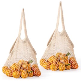 2Pcs Grocery String Bags, Reusable Cotton Mesh Net Produce Bag Eco-Friendly for Organic Fruits Vegetables Commodities Lightweight and Washable for Produce Shopping Outgoing Travel Beige Long Handle
