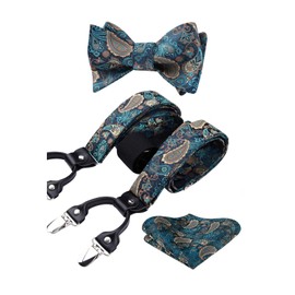 HISDERN Pajarita y tirantes para hombre, juego de corbatín de cachemira floral, ajustable, fuerte, 6 clips para bodas, fiestas, 7-green / Aqua / Brown, Talla única