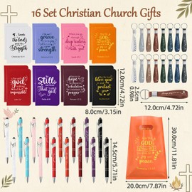 Ovveroche 16 Set Christian Gifts Bulk Plastic Cups with Bible Verses Pens Notebooks Keychains Bags, Inspirational Church Gift for Bible Study Volunteers Religious Events