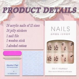 Press on Nails Medium Square SWEKKE Fake Nails Light Pink Full Cover Black Leaves False Nails with Designs Glossy Glue on Nails Stick on Nails Acrylic Manicure Artificial Nails for Women Girls 24Pcs