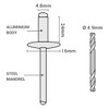 SKIR'CO Pack of 30 Large Flange Aluminium Blind Rivets 4.8