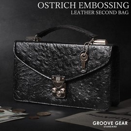GROOVE GEAR ggs-6002 Ostrich Second Bag, Men's, Long Wallet, Genuine Leather, Double Zipper, Sliding Key Lock, Black