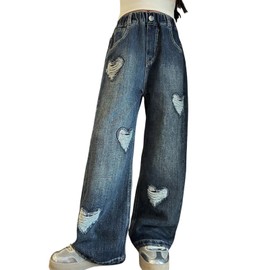 NABER Kids Girls Elastic Wide Leg Ripped Denim Pants Heart Ripped Jeans (Blue16,12-13 Years)