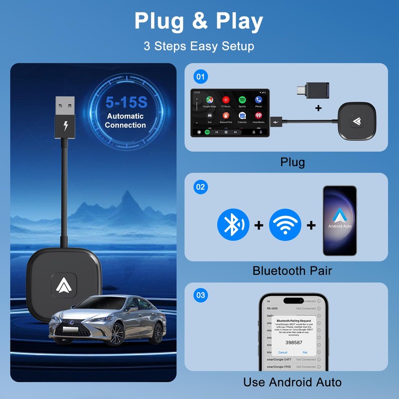 LXJADAP Adaptador inalámbrico Android automático, Adaptador inalámbrico Android para Coche,