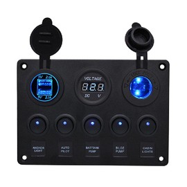 Riloer Green LED Voltmeter Control Panel Switch 12 V 5 Gang USB Port Waterproof