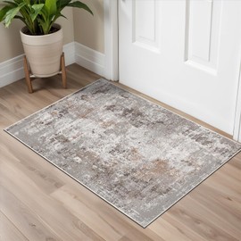 2x3 Washable Indoor Door Mat - Modern Neutral Throw Rug with Non-Slip Rubber Back for Kitchen, Entryway, Bedroom, and Bathroom - Soft Faux Wool Small Carpet in Beige and Brown
