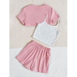 OYOANGLE Girl's 3 Pieces Summer Outfits Graphic Print Crop Tee Top and Cami Top with Shorts Set White and Pink 11-12Y
