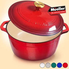 Mueller DuraCast Enameled Cast Iron Dutch Oven Pot with Lid, 4.5, 6 or 7.5 QT, Casserole Dish, Braiser Pan, All Cooktops, Oven Safe, Cookware Kitchen - Color: Red, Size: 6 QT